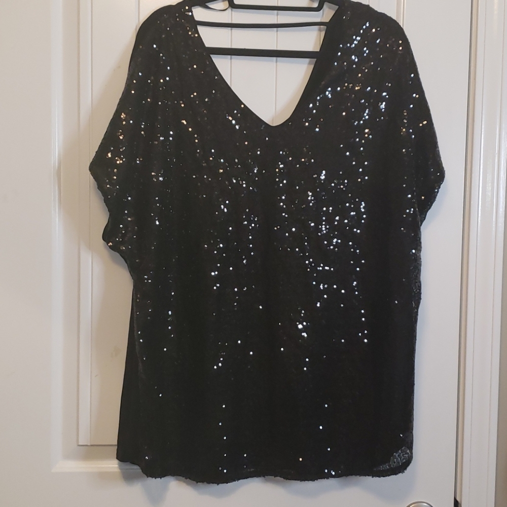 She & Sky oversized sequenced v neck top